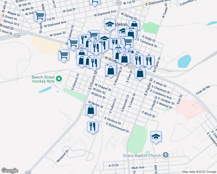 map of restaurants, bars, coffee shops, grocery stores, and more near 25 West Chapel Street in Hazleton