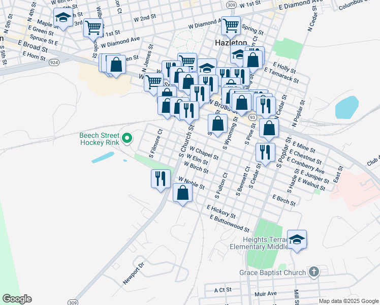 map of restaurants, bars, coffee shops, grocery stores, and more near 126-128 North Lee Court in Hazleton