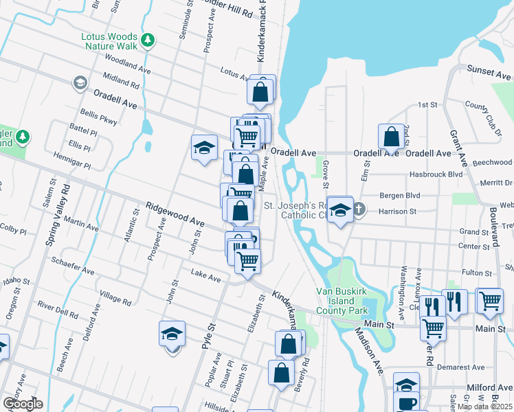 map of restaurants, bars, coffee shops, grocery stores, and more near 323 Maple Avenue in Oradell