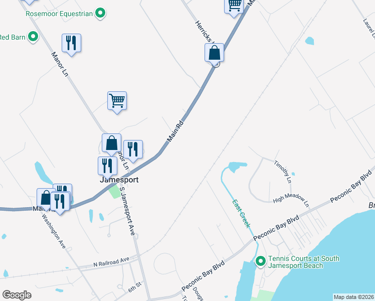 map of restaurants, bars, coffee shops, grocery stores, and more near 1709 Main Road in Laurel