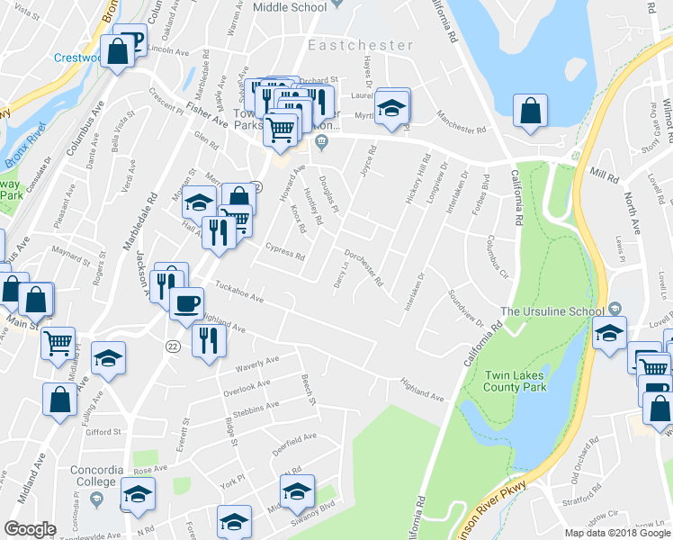 map of restaurants, bars, coffee shops, grocery stores, and more near 8 Darcy Lane in Eastchester