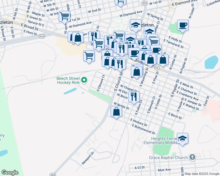 map of restaurants, bars, coffee shops, grocery stores, and more near 214 West Elm Street in Hazleton
