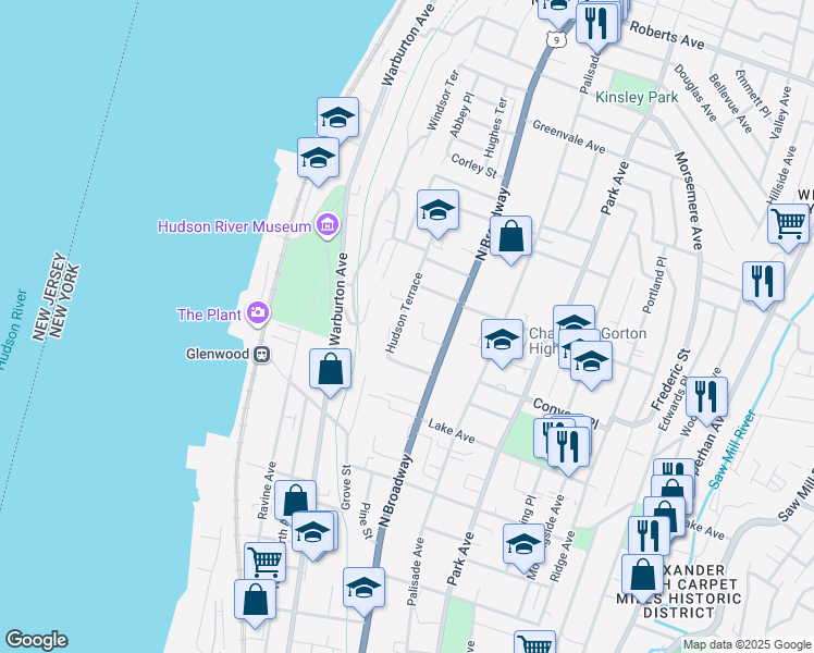map of restaurants, bars, coffee shops, grocery stores, and more near 98 Hudson Terrace in Yonkers