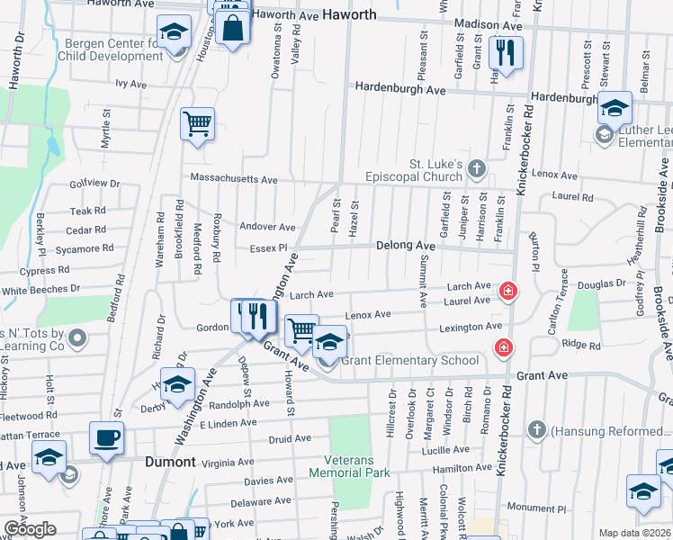 map of restaurants, bars, coffee shops, grocery stores, and more near 19 Pearl Street in Dumont