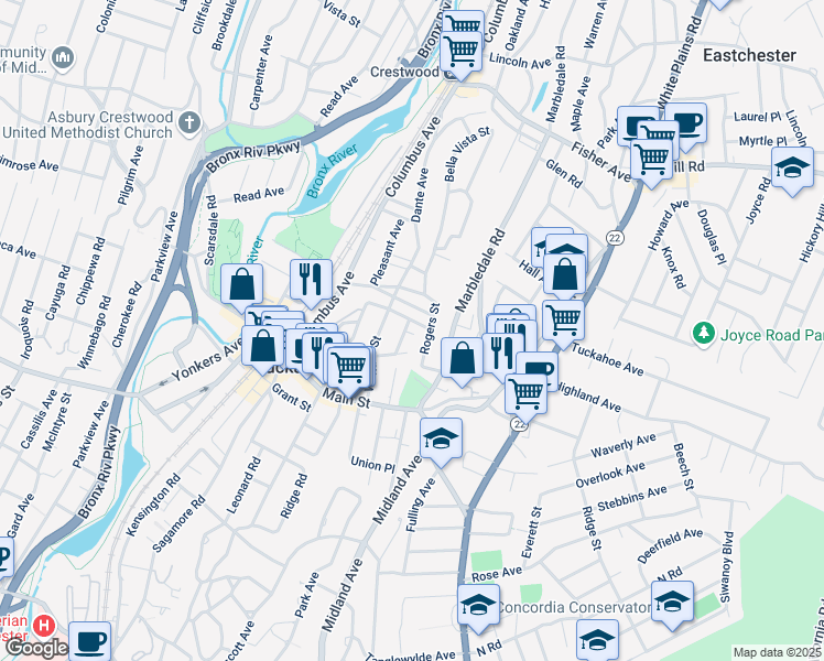 map of restaurants, bars, coffee shops, grocery stores, and more near 54 North High Street in Tuckahoe