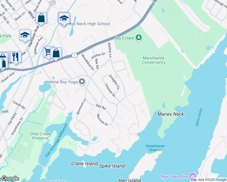 map of restaurants, bars, coffee shops, grocery stores, and more near 16 Chester Drive in Rye