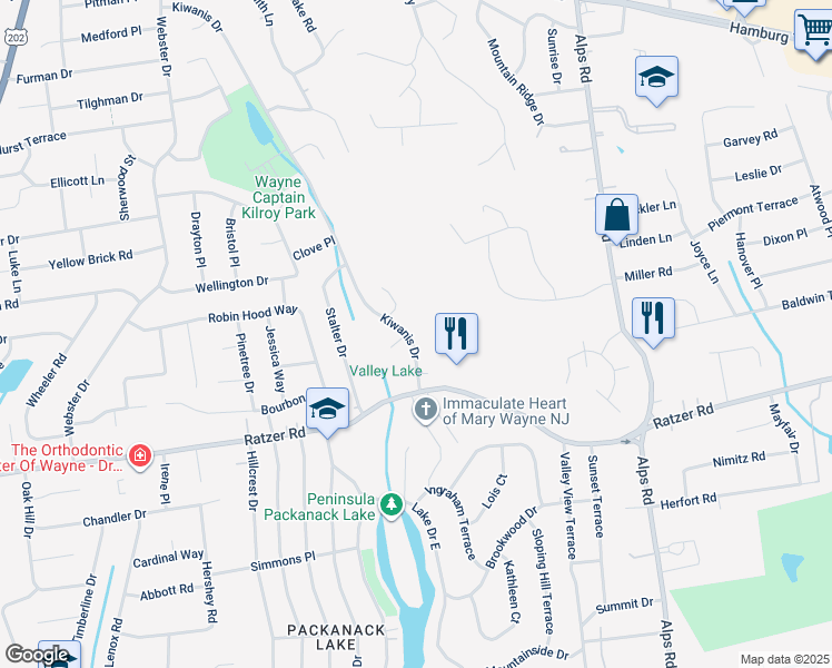 map of restaurants, bars, coffee shops, grocery stores, and more near 28 Kiwanis Drive in Wayne