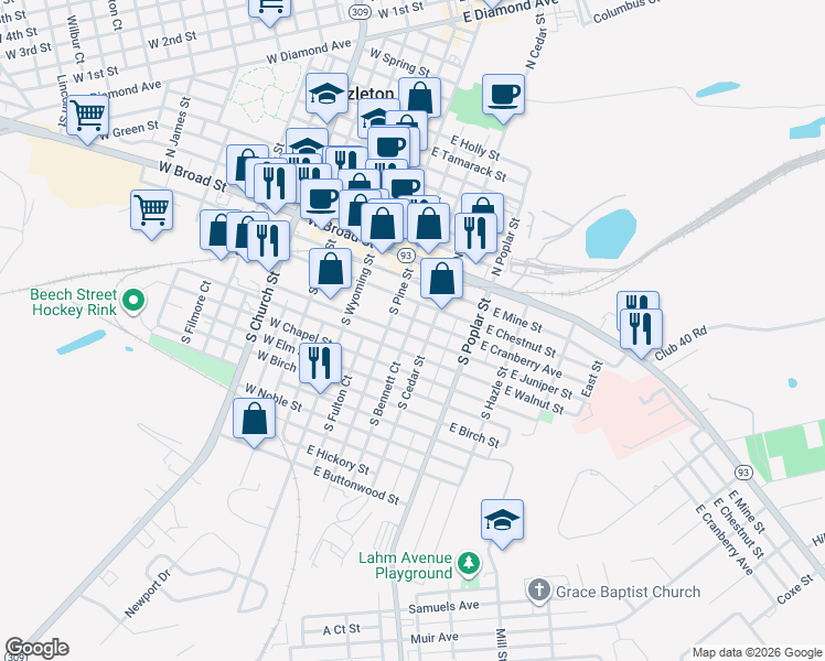 map of restaurants, bars, coffee shops, grocery stores, and more near 72 S Cedar St in Hazleton