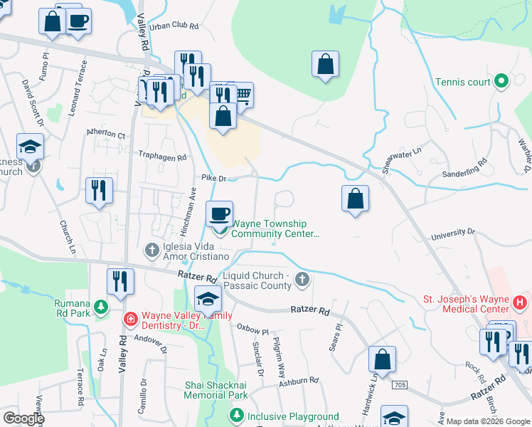 map of restaurants, bars, coffee shops, grocery stores, and more near 414 4 Seasons Drive in Wayne