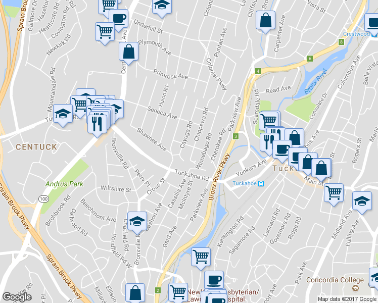 map of restaurants, bars, coffee shops, grocery stores, and more near 21 Chippewa Road in Yonkers