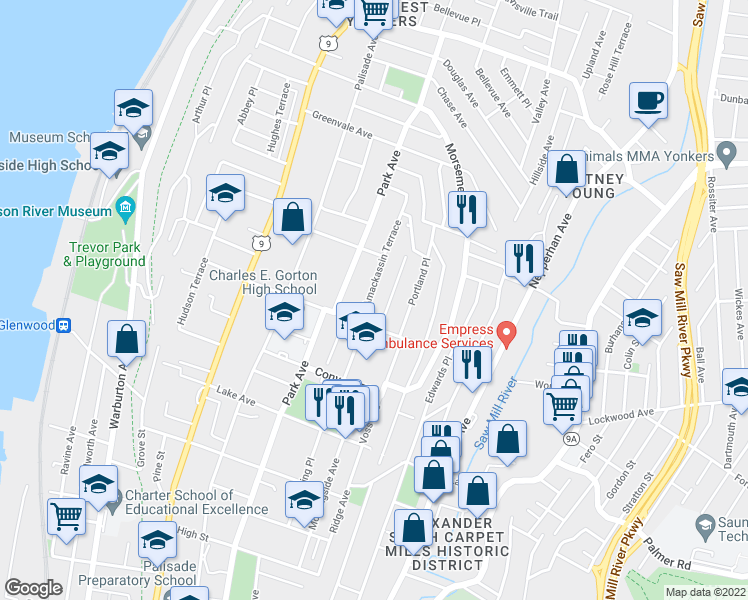 map of restaurants, bars, coffee shops, grocery stores, and more near 6 Amackassin Terrace in Yonkers