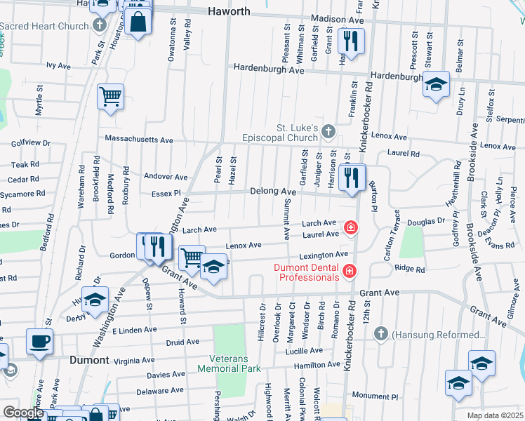 map of restaurants, bars, coffee shops, grocery stores, and more near 11 Beacon Street in Dumont