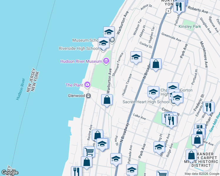 map of restaurants, bars, coffee shops, grocery stores, and more near 454 Warburton Avenue in Yonkers