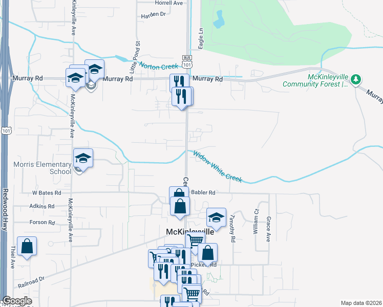 map of restaurants, bars, coffee shops, grocery stores, and more near 2555 Central Avenue in McKinleyville