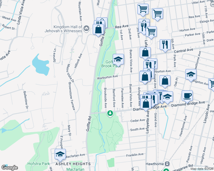 map of restaurants, bars, coffee shops, grocery stores, and more near 85 Brookside Avenue in Hawthorne
