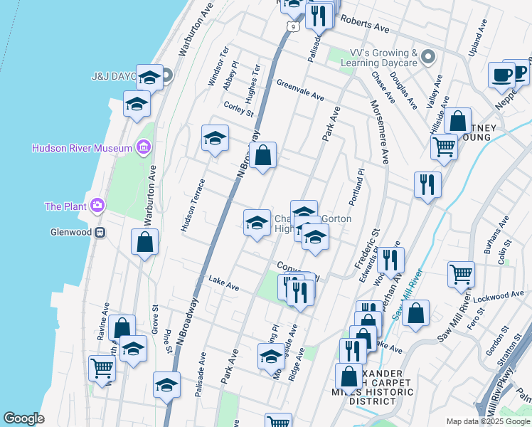 map of restaurants, bars, coffee shops, grocery stores, and more near 49 Shonnard Place in Yonkers