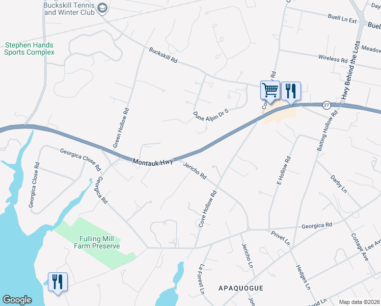 map of restaurants, bars, coffee shops, grocery stores, and more near 130 Montauk Highway in East Hampton