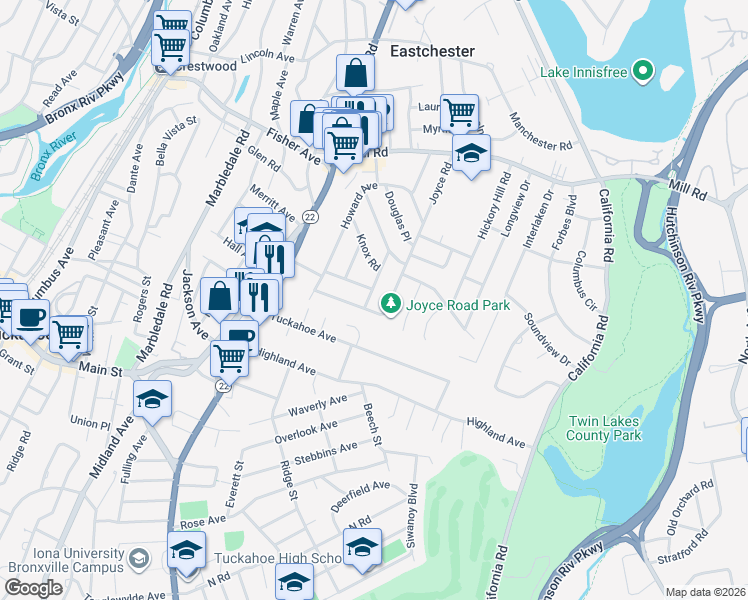 map of restaurants, bars, coffee shops, grocery stores, and more near 19 Andrew Road in Eastchester