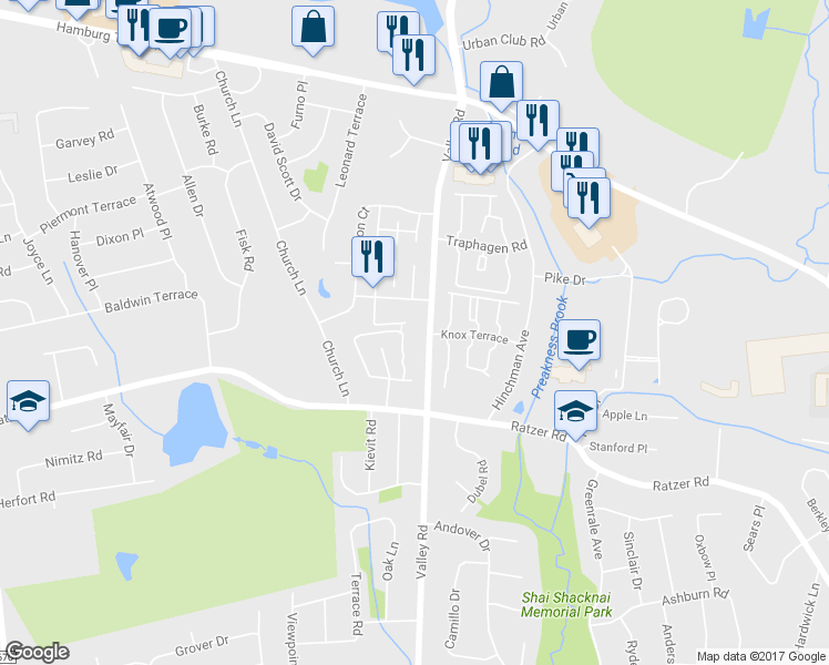 map of restaurants, bars, coffee shops, grocery stores, and more near 1169B Valley Road in Wayne