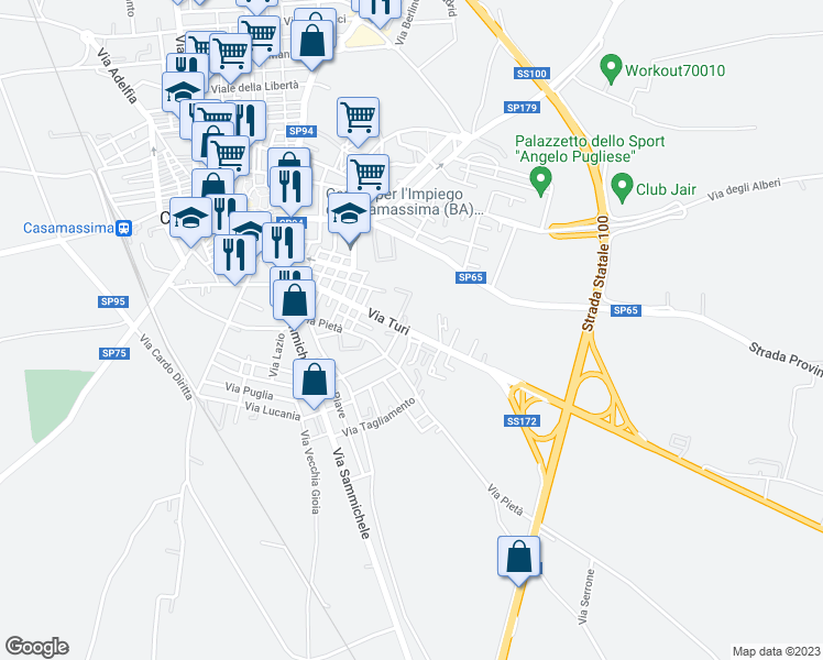 map of restaurants, bars, coffee shops, grocery stores, and more near 96a Via Turi in Casamassima