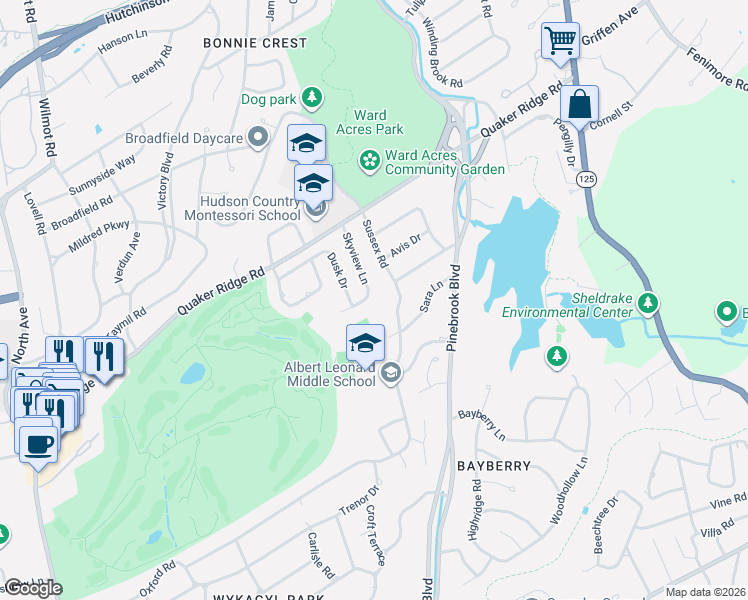 map of restaurants, bars, coffee shops, grocery stores, and more near 71 Skyview Lane in New Rochelle
