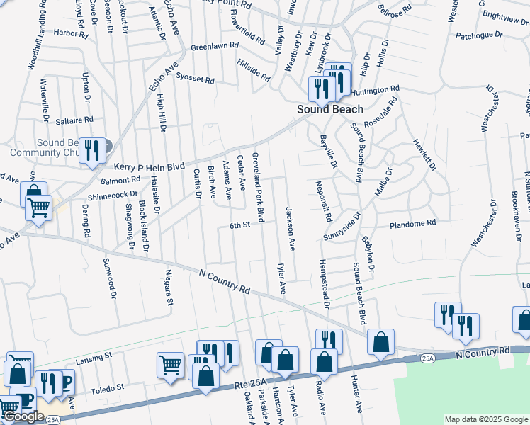 map of restaurants, bars, coffee shops, grocery stores, and more near 47 Groveland Park Boulevard in Sound Beach