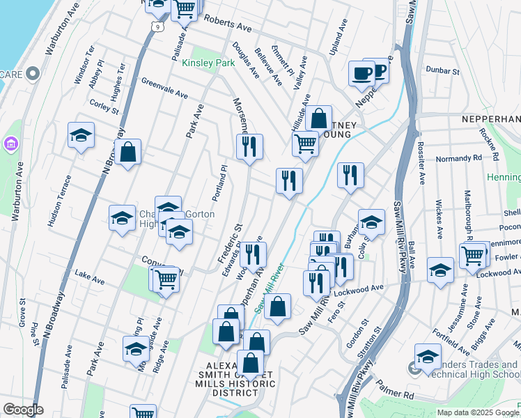 map of restaurants, bars, coffee shops, grocery stores, and more near 370 Edwards Place in Yonkers