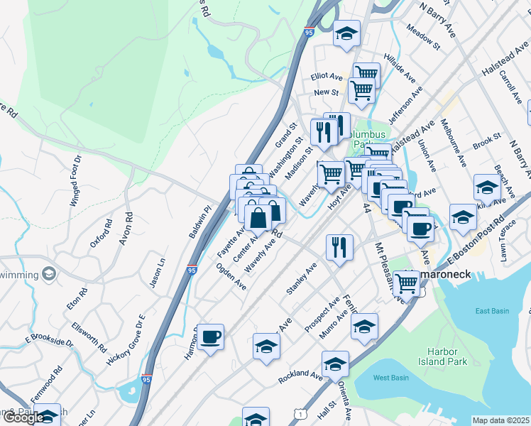 map of restaurants, bars, coffee shops, grocery stores, and more near 335 Center Avenue in Mamaroneck