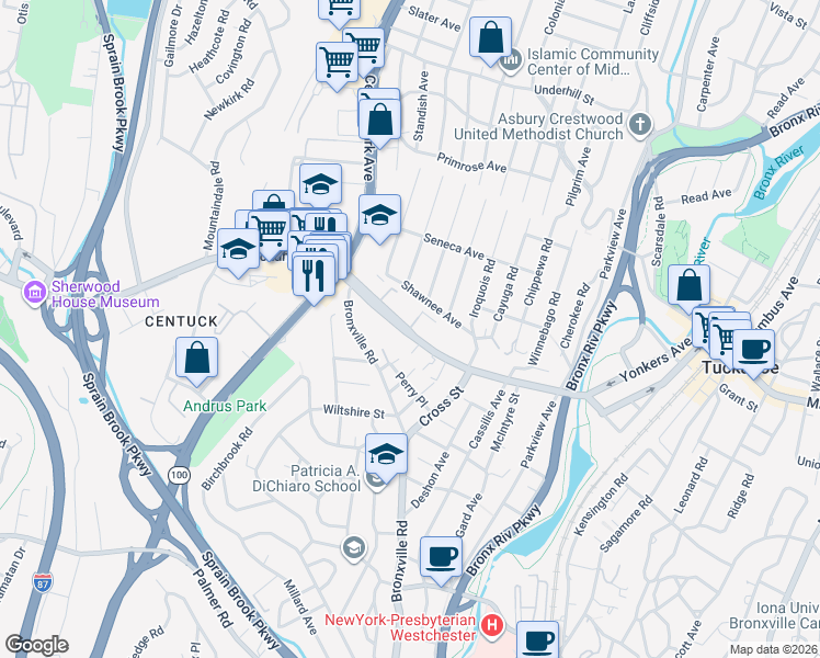 map of restaurants, bars, coffee shops, grocery stores, and more near 737 Tuckahoe Road in Yonkers