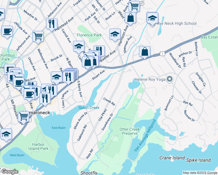 map of restaurants, bars, coffee shops, grocery stores, and more near 941 Shore Acres Drive in Mamaroneck