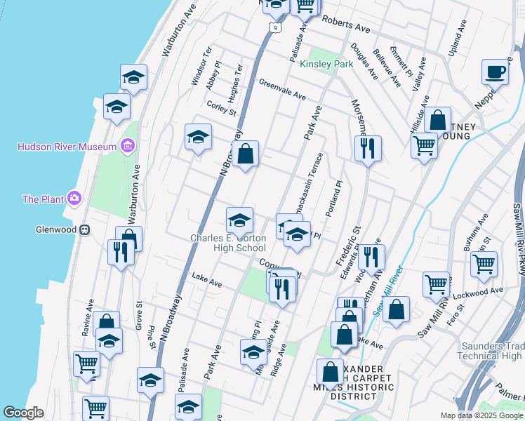 map of restaurants, bars, coffee shops, grocery stores, and more near 49 Shonnard Place in Yonkers