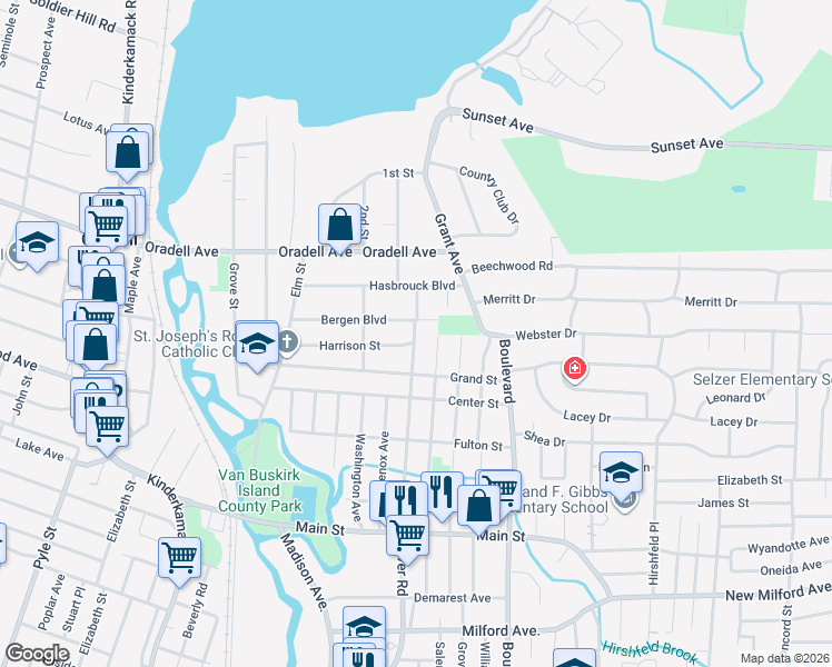 map of restaurants, bars, coffee shops, grocery stores, and more near 183 Harrison Street in New Milford
