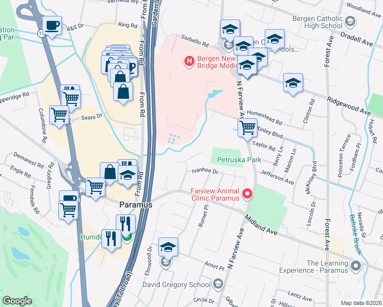 map of restaurants, bars, coffee shops, grocery stores, and more near 461 Arthur Terrace in Paramus