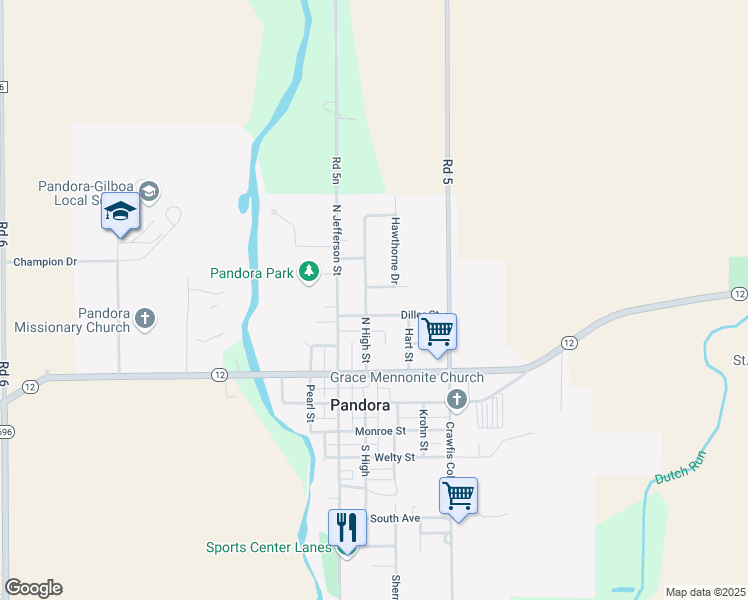 map of restaurants, bars, coffee shops, grocery stores, and more near 405 North High Street in Pandora