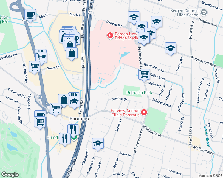 map of restaurants, bars, coffee shops, grocery stores, and more near 461 Arthur Terrace in Paramus