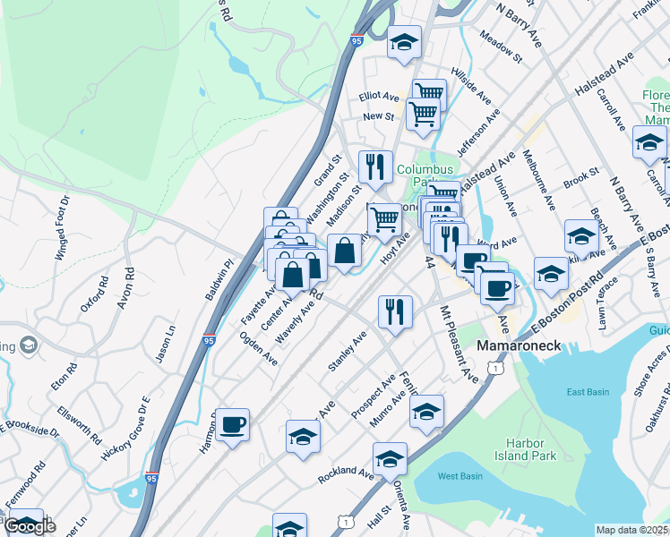 map of restaurants, bars, coffee shops, grocery stores, and more near 311 Waverly Avenue in Mamaroneck