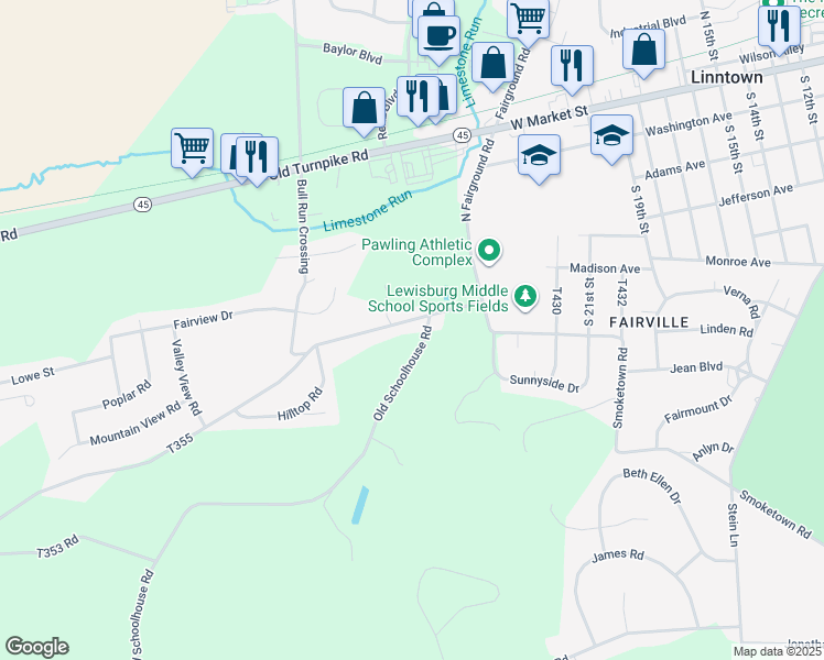 map of restaurants, bars, coffee shops, grocery stores, and more near 2479 Smoketown Road in Lewisburg