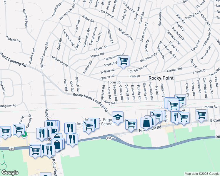 map of restaurants, bars, coffee shops, grocery stores, and more near 31 Aster Road in Rocky Point