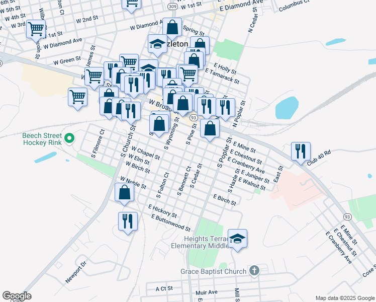 map of restaurants, bars, coffee shops, grocery stores, and more near 77 South Pine Street in Hazleton