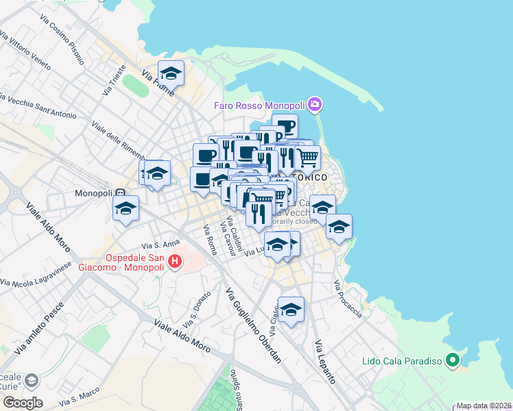 map of restaurants, bars, coffee shops, grocery stores, and more near 9 Via G. Polignani in Monopoli