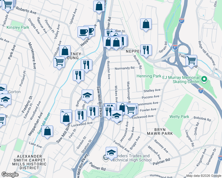 map of restaurants, bars, coffee shops, grocery stores, and more near 92 Henry Street in Yonkers