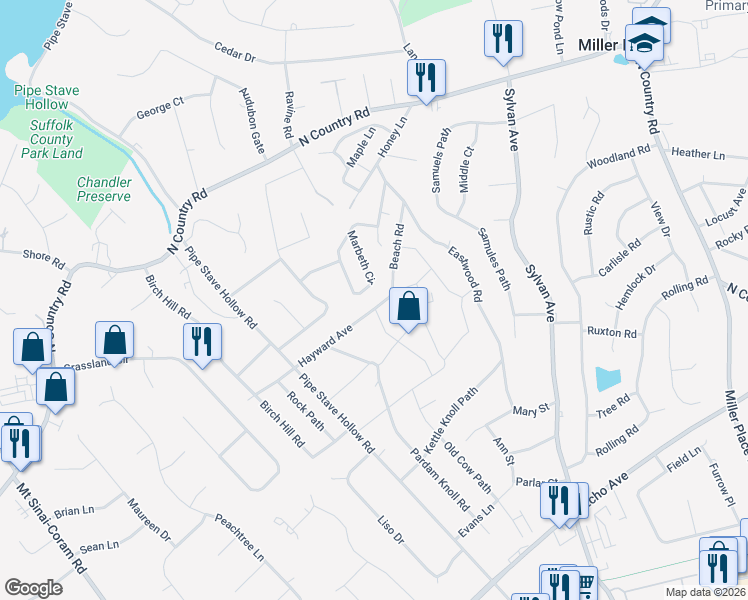 map of restaurants, bars, coffee shops, grocery stores, and more near 17 Hayward Avenue in Miller Place