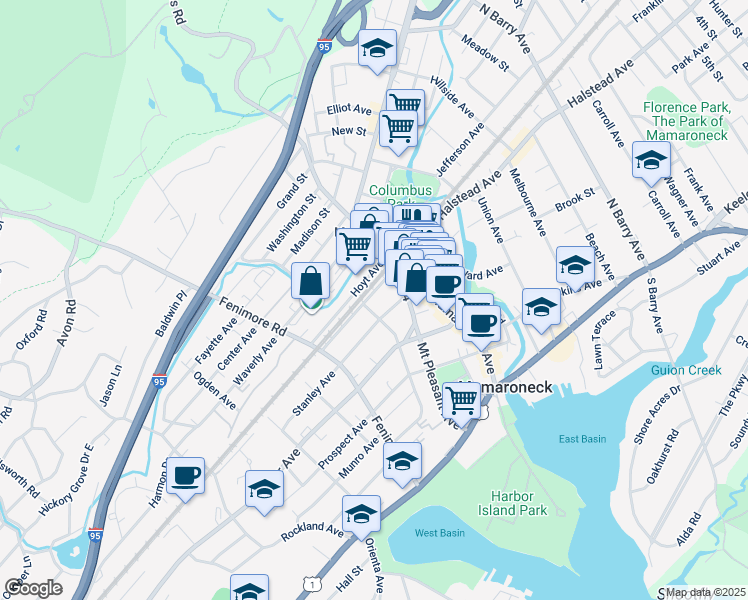 map of restaurants, bars, coffee shops, grocery stores, and more near 419 Maple Avenue in Mamaroneck