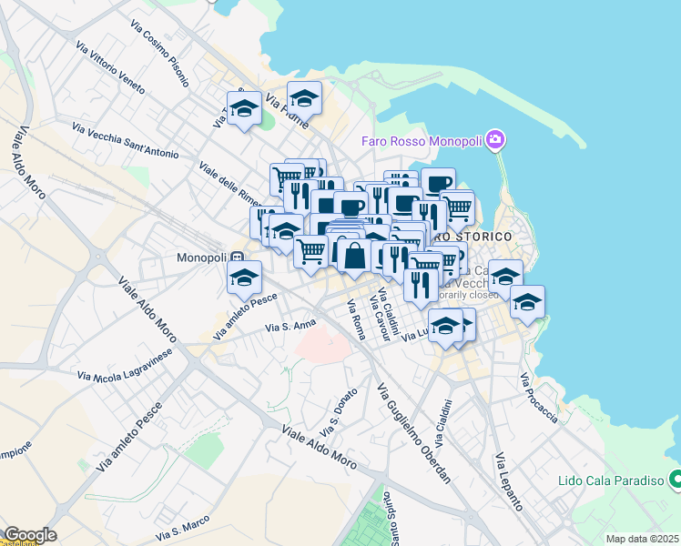 map of restaurants, bars, coffee shops, grocery stores, and more near 34 Via Umberto I in Monopoli