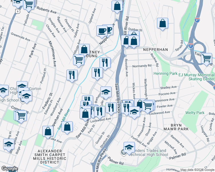 map of restaurants, bars, coffee shops, grocery stores, and more near 103 Colin Street in Yonkers