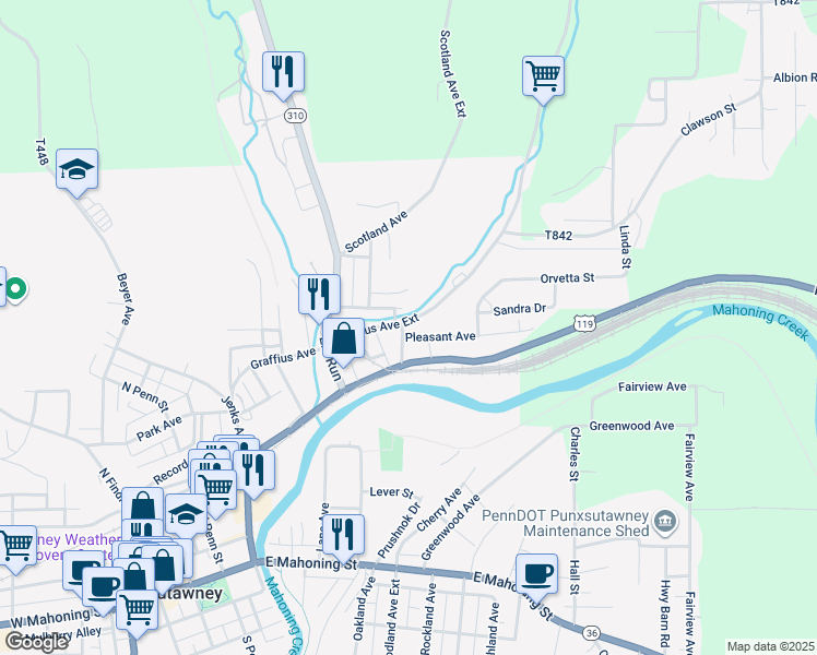 map of restaurants, bars, coffee shops, grocery stores, and more near 204 Orchard Avenue in Punxsutawney