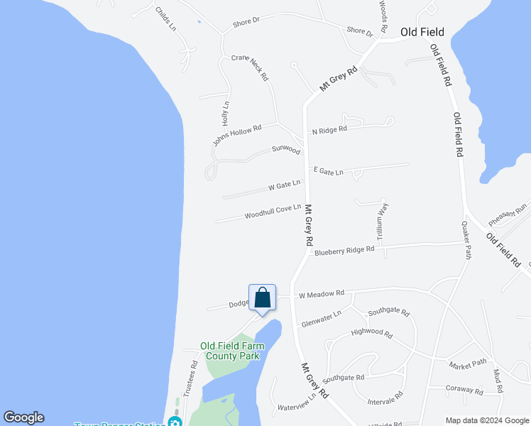 map of restaurants, bars, coffee shops, grocery stores, and more near Woodhull Cove Lane in Setauket- East Setauket