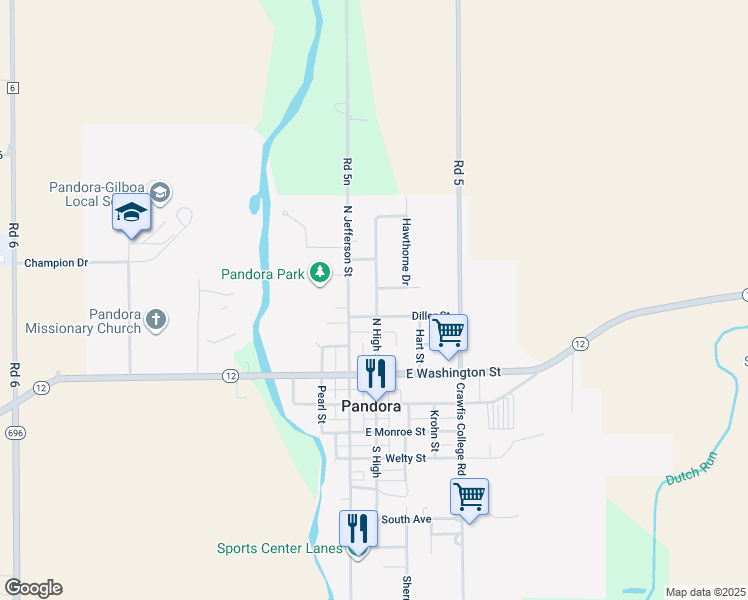 map of restaurants, bars, coffee shops, grocery stores, and more near 405 N High St in Pandora