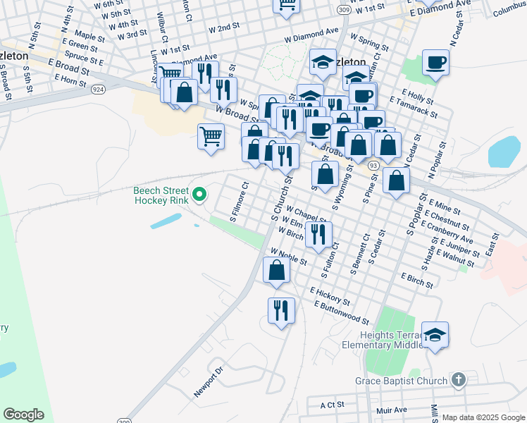 map of restaurants, bars, coffee shops, grocery stores, and more near 214 West Elm Street in Hazleton