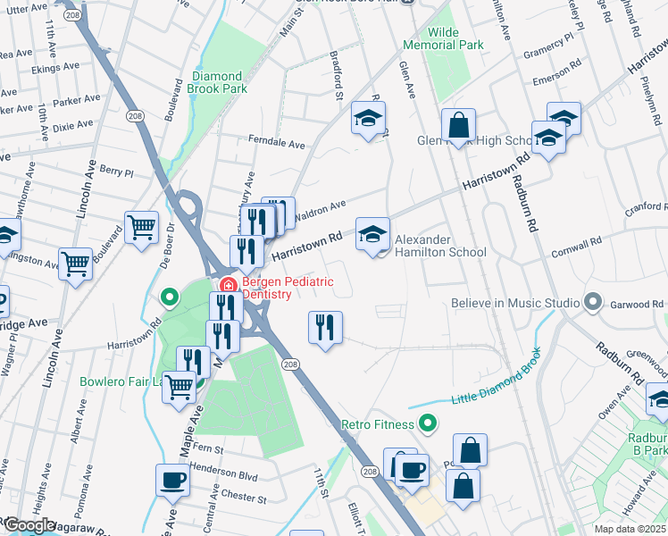 map of restaurants, bars, coffee shops, grocery stores, and more near 2 Pamrapo Court East in Glen Rock